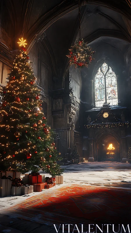 Gothic cathedral nave with illuminated Christmas tree and snowfall
