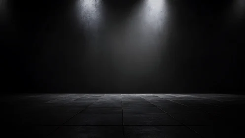 Empty dark room with tiled floor and overhead spotlights.