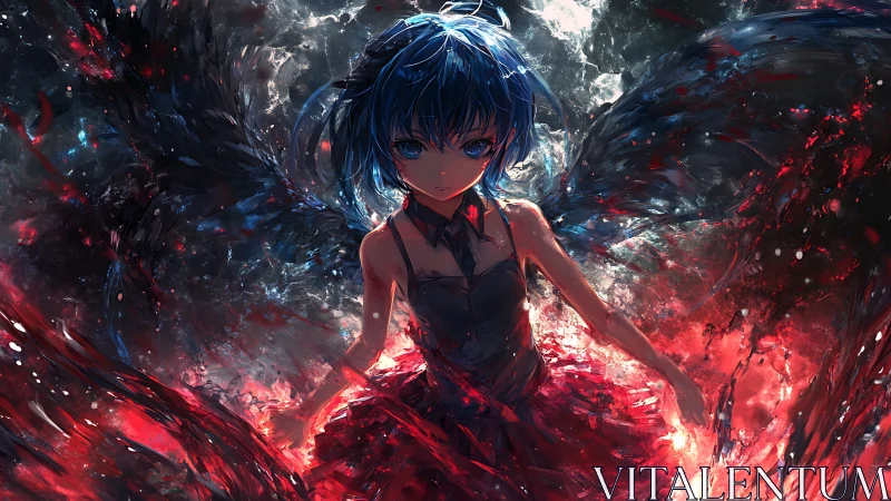 Dark winged anime girl in swirling red and black energy.