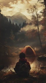 Twilight mist folds around a lone camper facing quiet peaks