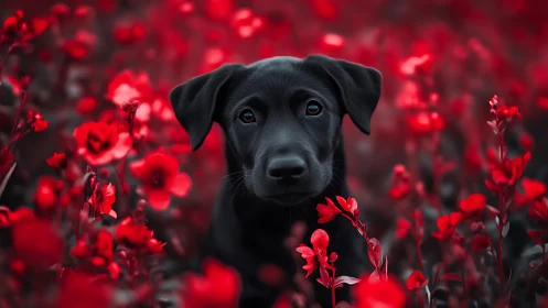 Black puppy sits centered among dense red flowers in focus