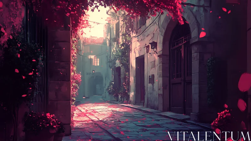 Narrow stone alley with foliage and pink falling petals.