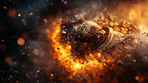 Ornate infernal skull helm emerges from swirling firestorm