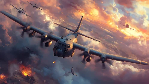 Cinematic bomber formation in dusk combat digital painting.