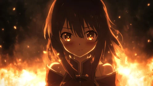 Firelit anime heroine holding steady in a storm of embers.