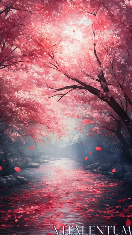 River beneath dense pink blossoms in filtered daylight.