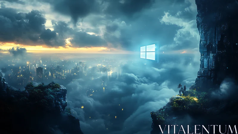Futuristic cloud city beneath glowing window portal logo.