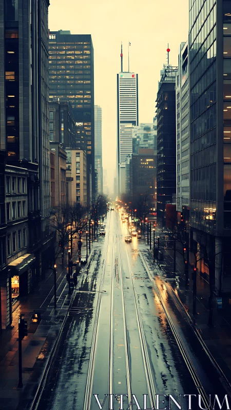 Rain-soaked city avenue glowing softly in the evening light.