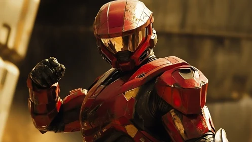 Crimson exosuit brawler throws down in molten sunlight.