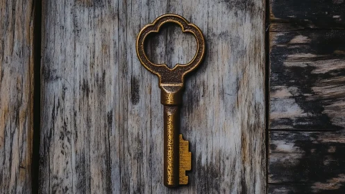 Ornate Golden Key Rests Against Weathered Wooden Surface
