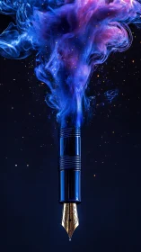 Fountain pen tip emits swirling blue and purple smoke