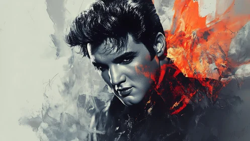 Moody portrait wrapped in smoky grays and fiery color bursts.