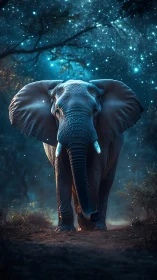 Majestic elephant strides beneath a dazzling starry sky.