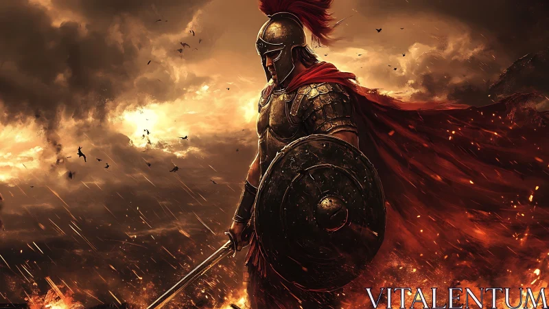 Armored gladiator advances through blazing, storm-lit battlefield