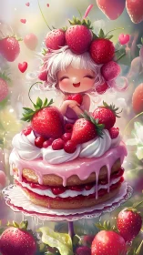 Whimsical Character Crowned with Layered Strawberry Cake and Fresh Berries.