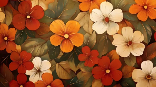 Stylized Floral Composition with Warm Tones and Layered Foliage