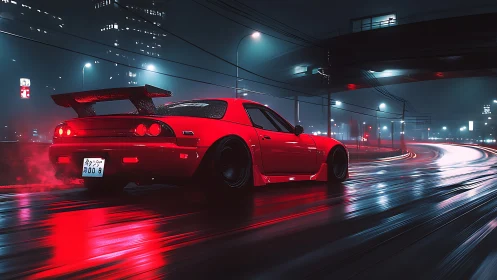 Red tuner coupe powers through neon-lit rainy expressway.