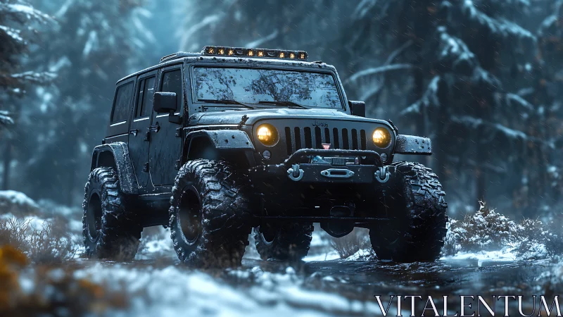 Off-road SUV advances through cinematic winter forest terrain