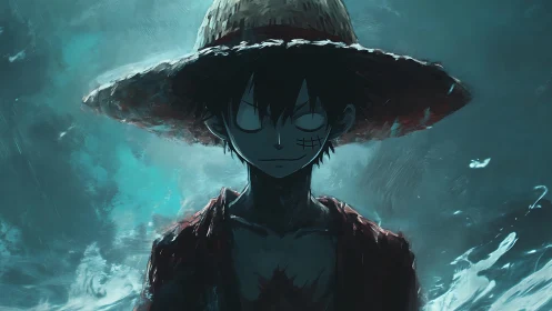 Straw hat boy stands in misty teal light with closed eyes