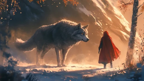 Red-cloaked traveler meets gentle giant wolf in snowy glow.