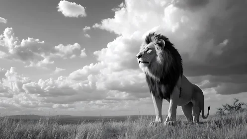 Stormlit lion quietly surveying wide open savanna skies.