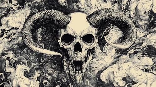 Horned skull emerges through swirling monochrome smoke.