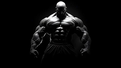 Powerful muscular figure in stark black and white lighting.