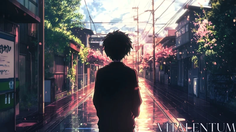 Backlit youth on rain-soaked alley under glowing spring sky