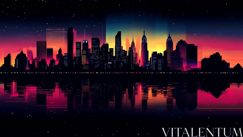 Neon gradient skyline silhouette with reflective waterfront symmetry