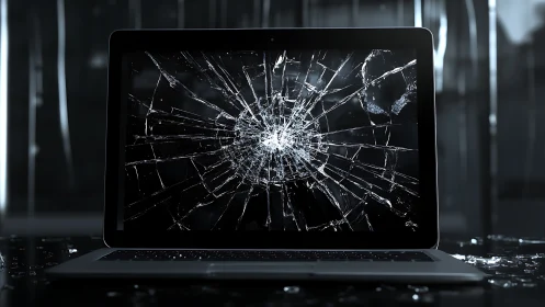 Laptop with severely shattered screen in dark studio.