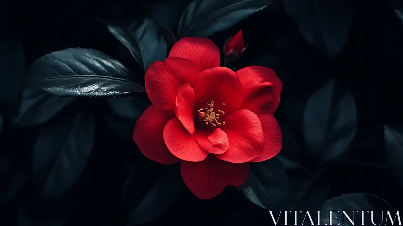 Red Camellia Bloom Against Deep Shadow Foliage Background