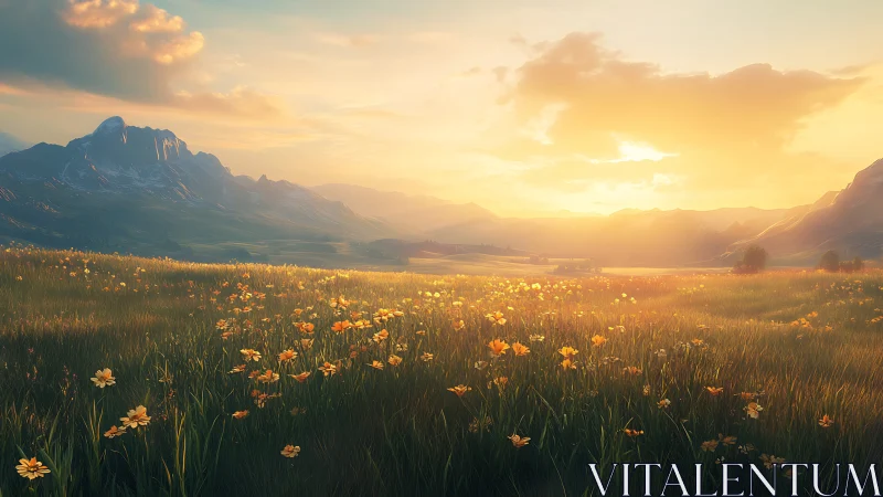 Digital painting landscape with sunlit alpine wildflower meadow.