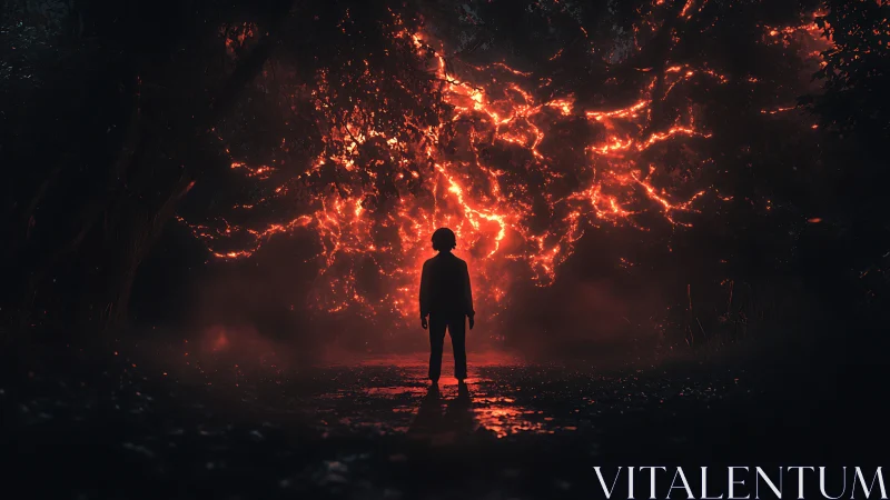 Silhouette stands before luminous branching light in forest