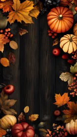 Harvest pumpkins and autumn leaves framing dark wood board.