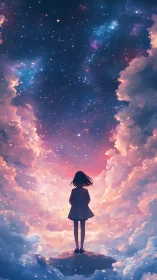 Silhouetted girl studies a luminous starfield amid pastel clouds