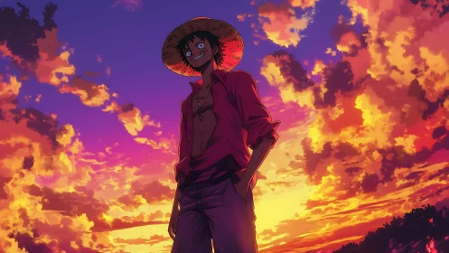 Straw hat anime figure under vivid sunset cloudscape.