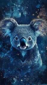Gentle blue koala gazes softly from a dreamy starry night
