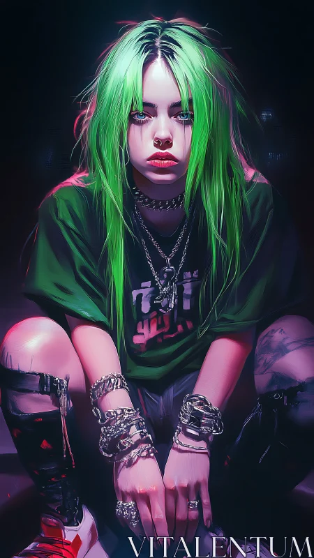 Green haired figure in streetwear with layered silver jewelry.