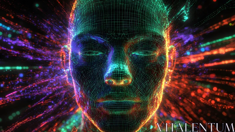 Futuristic Digital Human Face in Neon Wireframe Art Style.