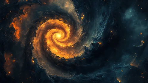Fiery cosmic vortex spirals through deep shadowed space.
