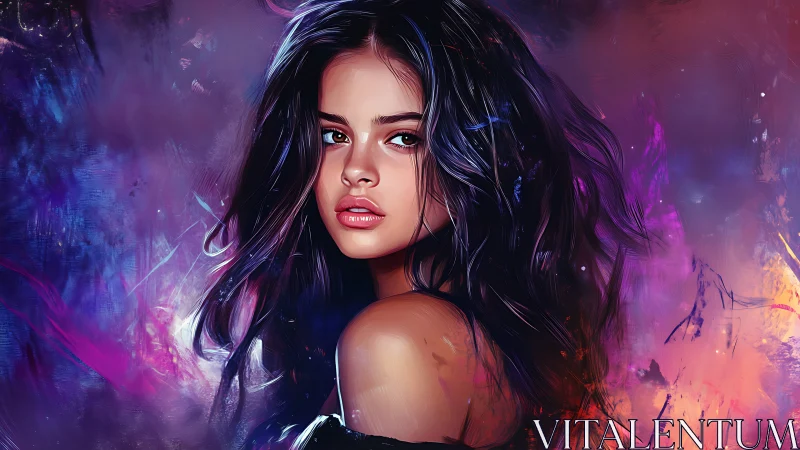 Digital portrait of young woman with abstract vivid background.