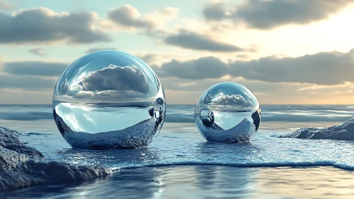 Glistening mirrored spheres rest calmly by a gentle seaside