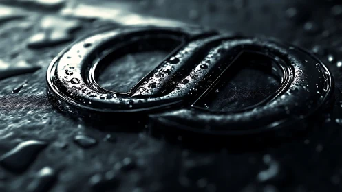 Wet metallic infinity symbol on dark reflective surface.