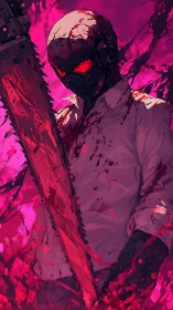 Blood-soaked cybernetic enforcer with industrial chainsaw poised.