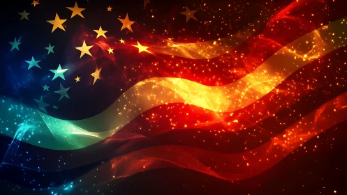 Glowing abstract American flag with bright stars and light.
