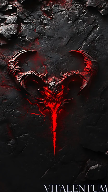 Demonic red sigil carved into cracked black stone wall.