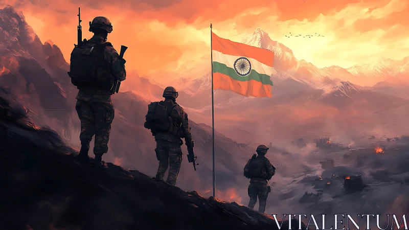 Indian mountain combat patrol under tricolour at dusk panorama.