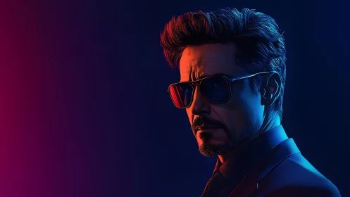 Side-lit male portrait in neon blue and magenta palette.