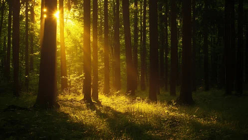 Sunlight Streaming Through Dense Forest at Golden Hour, Nature Photography.