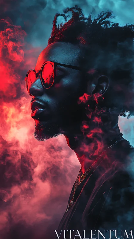 Neon portrait cuts silhouette through red cyan smoke.